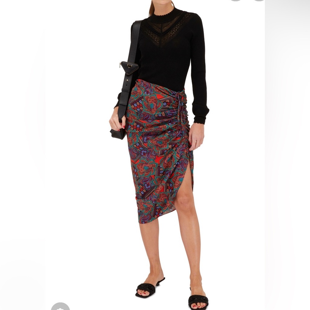 Veronica Beard (0) Ari Midi Skirt Split Thigh Blue Floral Silk Ruched blue black